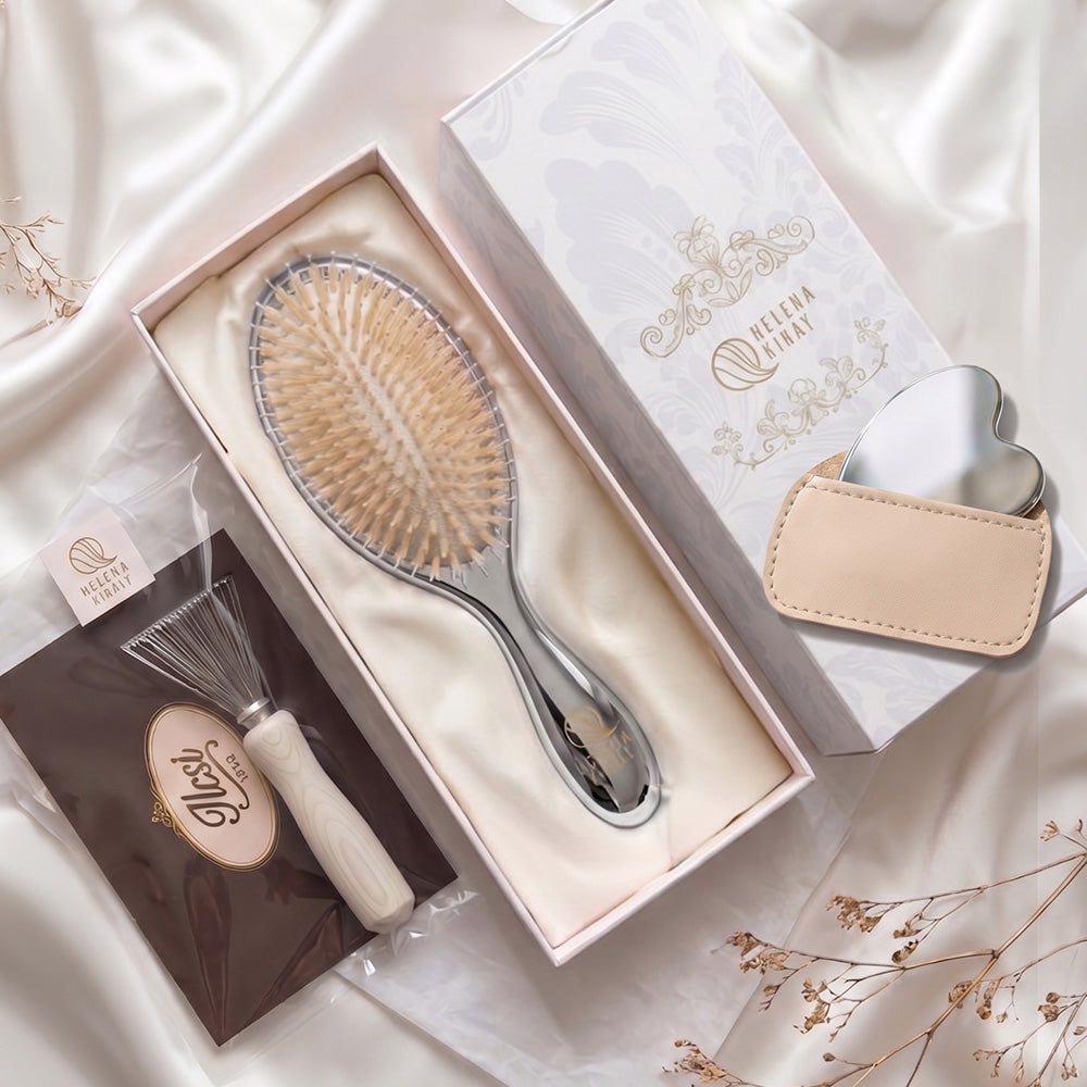 女優サロンブラシ® プレミアムギフトセット｜天然猪毛ヘアブラシ＋頭皮カッサ＋クリーナー＋ギフトBOX｜HELENA KIRÁY by ILCSI｜天然猪毛ヘアブラシ＋ギフトBOX＋メッセージカード付き｜HELENA KIRÁY by ILCSI