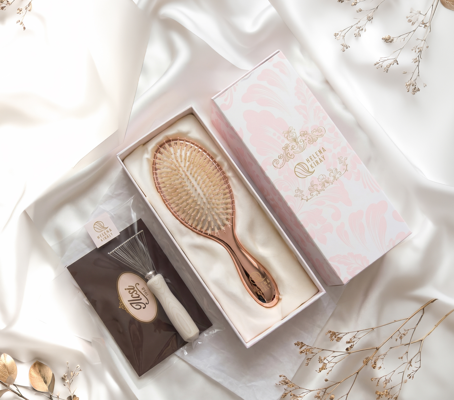 女優サロンブラシ® プレミアムギフトセット｜天然猪毛ヘアブラシ＋頭皮カッサ＋クリーナー＋ギフトBOX｜HELENA KIRÁY by ILCSI｜天然猪毛ヘアブラシ＋ギフトBOX＋メッセージカード付き｜HELENA KIRÁY by ILCSI